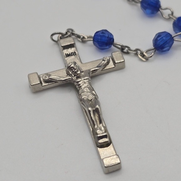 Catholic Rosary Plastic‎ Blue Facet Beads Silver Tone Cross - Picture 2 of 8